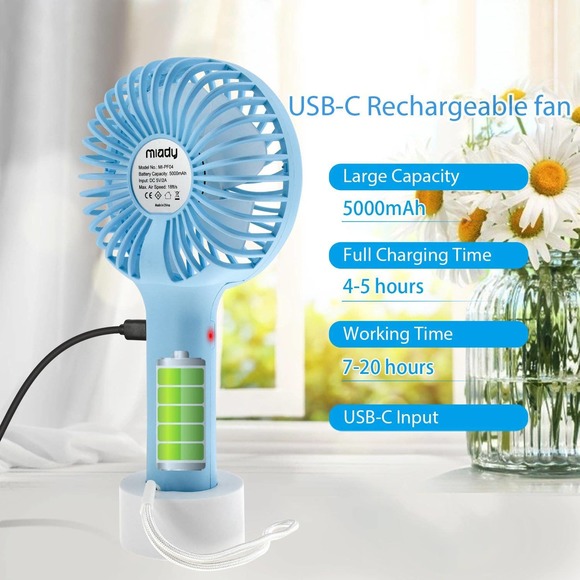Portable Handheld Fan 3 Speed Mini USB - 7-20 Hours Runtime - Cream Blue + Pink - Picture 5 of 12